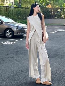 Zen-Style Womens Cotton Linen Two-Piece Set: Summer Cool Chunky Pullover Sweatshirt and High-Waist Pants for 18-25 Years