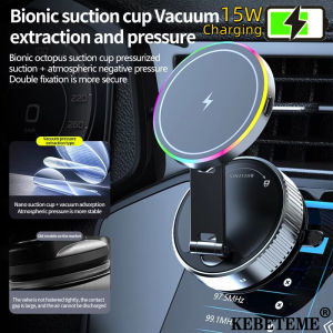 KEBETEME 15W Wireless Charging Car Phone Holder with RGB Light Dashboard Vacuum Suction Holder 360 Degree Rotation for Phone