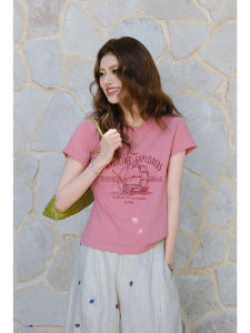 Cinnamon Pink Boat Print Letter T-shirt Slimming Basic