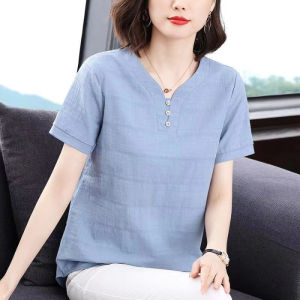 QIAOXIZI | V-Neck Short Sleeve T-Shirt Cotton Linen Plus Size Fashionable Elderly Womens Summer Top Slimming