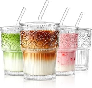 Bộ 4 Cốc Thủy Tinh Có Nắp Và Ống Hút Họa Tiết Nổi Trong Suốt Dùng Cho Cà Phê Đá Latte Matcha Nước Ép Trà