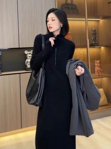 High Collar Knitted Sweater Dress Womens Autumn Winter Fashion Lazy Style Slimming Long Sleeve Base Layer Skirt Dress