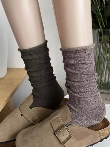 Brown Coffee Color Curling Bunching Socks Children Spring and Autumn Thin Artsy Retro Gray Olive Green Pure Cotton Mid-Calf Length Socks
