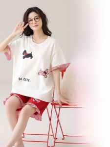 Miiow | Cat Lady Summer Sleepwear Set Womens Pure Cotton Short Sleeve Shorts Home Clothes Large Size Breathable Thin Style Cartoon Cute