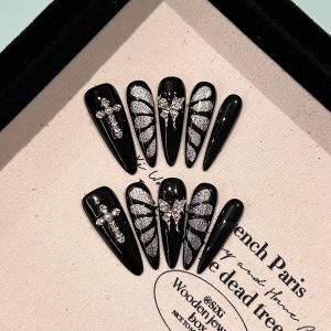Black Luxury Cool Girl Long Sharp Silver Cat Eye Butterfly Breakout Nail Tips Glue on Fake Nails Wearable Nail Art Design
