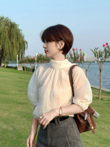 YUFUQING | Elegant French Style Butterfly Bow Tie Stand Collar Short Sleeve Shirt Women Summer New Fashion Loose Slimming Trendy Top