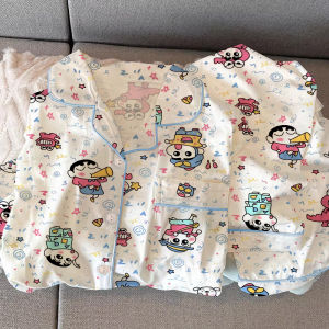 Womens Plaid Sleepwear Long Sleeve Pure Cotton Set Cute Pudding Dog Open Cardigan Home Clothes Can Be Worn outside Spring Autumn