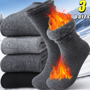 3 Pairs Winter Wool Mens Long Crew Socks Super Thick Thermal Socks Soft Inner Plain Plush Looped Socks