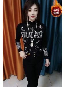 Thickened Diamond Embellished Semi-High Collar Womens T-shirt Fashionable Slim Fit Cartoon Animation Print Winter Wear