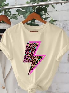 Womens Cheetah and Neon Lightning Pattern T-Shirt Womens Short-Sleeved Round Neck Casual Top Cheetah Print Clothing