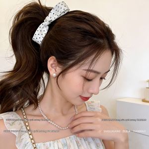 Kẹp Tóc Nơ Chấm Bi Elegance Cài Đuôi Ngựa Cao Kẹp Tóc Pháp