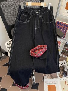 Retro American Roll Edge Jeans Men Spring Autumn 2024 New Plaid Splicing Loose Straight Leg Pants Youth Fashion Casual Jeans