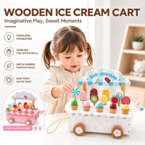 Wooden Ice Cream Cart Pretend Play Set for Kids – Ice Cream Shop Role-Play Toy with 13 Dessert Accessories