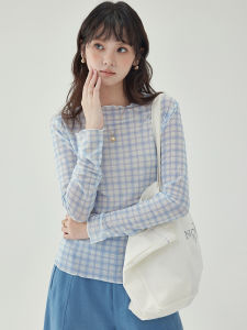 Blue Polka Dot Long Sleeve Slim Fit Thin T-Shirt Womens Inner Wear Top Korean Style Commute Fashion AMUU Original Design