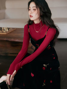 Red Velvet Rose Embroidery Top And Halter Dress Set New Year Elegant Lady Style Womens Fashion Two-Piece Suit Spring Autumn