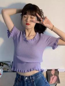 Summer New Style Short Sleeve V-Neck Knitted Top with Wood Grain Edge Anti-Uv Face Scarf Mask Korean Version Youthful Design