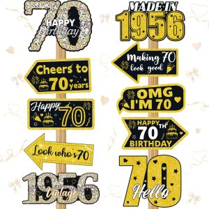 10pcs 70th Birthday Decoration Set Photo Booth Props Black Gold Vintage Style Paper Signage for 70th Birthday Party Decorations