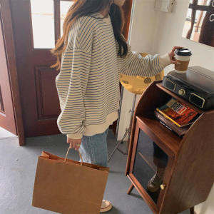 Loose Long Sleeve round Neck Pullover Hoodie Womens Style Early Autumn 2025 New Korean Design Striped Top Trendy T-shirt