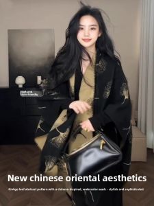 Zanning | Ginkgo Leaf Design Shawl for Women to Match Cheongsam and Dresses Autumn Winter
