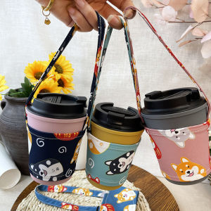ถุงเก็บเครื่องดื่มผ้าแคนวาสรักษ์โลกพร้อมที่รองแก้วกาแฟแบบมีหูจับ นุ่ม ช่อง ทนทาน ลายสุนัขพันธุ์ ดีไซน์ แบบ ถุงใส่แก้วน้ำขนาดเล็ก