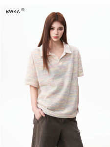 BWKA | Colorful Stripes Seagull Collar Short Sleeve T-Shirt