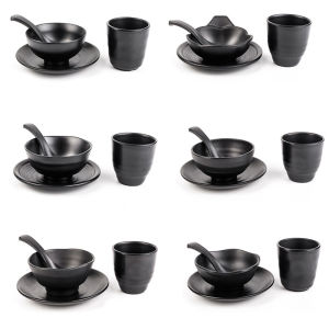 ชุดจานหินโมมิยะลายสีดำ ชุดจาน ชาม ช้อน ชุดเครื่องครัวสำหรับโรงแรมและร้านอาหาร ชุดเครื่องครัวแบบแข็งแรง ชุดสามชิ้น