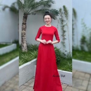 Áo dài cổ tròn tay lỡ màu đỏ cam vàng xanh tím hồng truyền thống lụa tây thi cao cấp loại 1 may sẵn - Áo dài Việt