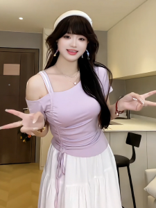 plus Size Womens T-Shirt Shoulder Bows Short Sleeve Sweet And Spicy Summer Fashionable Top Korean Style Regular Length