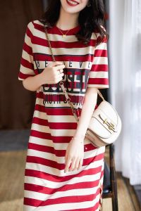 Summer Striped Print Loose Fit T-shirt Dress Kimono Style Short Sleeve Midi Skirt for Female Students Comfortable Milk Fiber Clothes