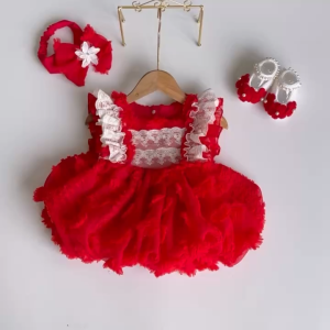 BD256 Body váy bí công chúa lụa đỏ RIOKIDS quần áo đầy tháng thôi nôi cho bé gái sơ sinh