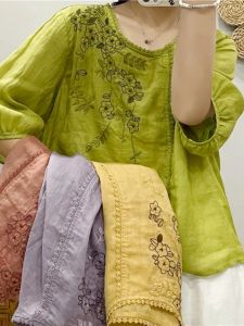 Elegant Embroidered Cotton Linen Shirt Women Summer plus Size Casual Loose Fit round Neck Short Sleeve Thin Material