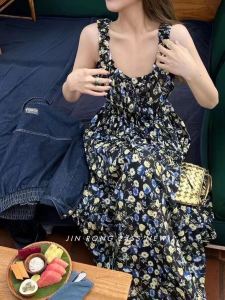 Princess Style Cotton High Waist Printed Round Neck Vest Dress: An Elegant Spring Outfit