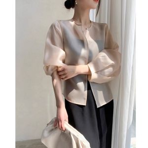 Sun Protection Thin Shawl Cardigan Womens Summer Euro Organza Outerwear with Strap Skirt Cover up Shirt Chiffon Top