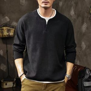 Spring and Autumn New Men Henley Neck T Shirt Long Sleeve Casual Solid Color T-Shirt Fashion Waffle Fake Two-Piece Sweatshirts