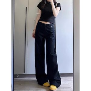 Quần Jeans Denim Ống Loe Màu Đen Cạp Thấp Rộng Cho Nữ Cao 180 Cm Quần Dài Thường Ngày Thu Đông 2025 Quần Jeans Denim