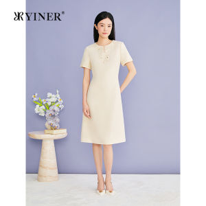 YINER | Elegant French Embroidered Beaded Cutout Straight Neck Dress