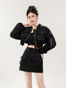 Sweet And Spicy Style Loose Baseball Jacket And High Waist A-Line Mini Skirt Two-Piece Set for Women Autumn Workwear Outerwear