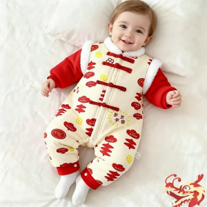 Áo liền quần Tết cho trẻ sơ sinh chất liệu mềm mại thoáng khí giữ ấm mùa đông an toàn cho sức khỏe.