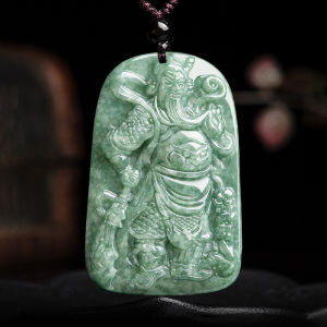 TIMESWIND Natural Green Jade Guardian Guan Gong With Certificate Pendant Men Necklace Y4