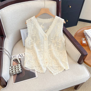 AIYITI | Elegant Embroidered V-neck Sleeveless Vest Jacket Plus Size Womens Fashionable Summer 2025 Outerwear Comfortable Fit Top