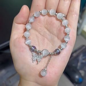 Fashion Korean Crystal Butterfly Tassel Beaded Bracelet Cats Eye Moonlight Rhinestone Bracelets Versatile Niche Design Accessories