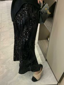 Black Sequin A-Line Mini Skirt Womens High Waist Bodycon Fish Tail Skirt Commute Style Korean Version Non-Shrinkage