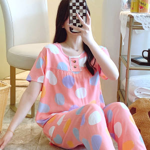 Summer Womens Sleepwear Cotton Silk Short Sleeve Long Pants Artificial Cotton Thin Home Clothes Girl Cartoon Print
