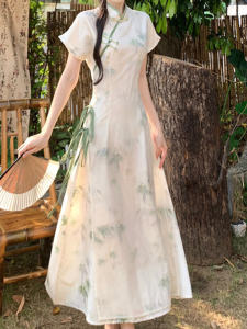 New Chinese Style Green Color Modified Cheongsam Dress for Young Girls Summer Large Size Slimming National Style Dress