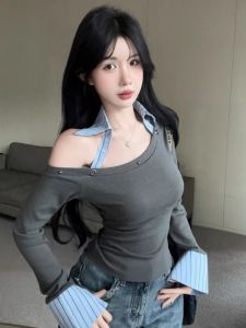 GUZILIAN | Korean Style Long Sleeve T-Shirt Womens Shoulder Design Splice Base Shirt Fashionable Bottoming Top For Autumn Season