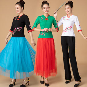 Elegant Embroidered Square Dance Costume Set Womens Classical Style Cotton Polyester Blend Loose Fit Long Sleeve Five Buttons