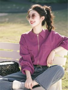 Áo Sơ Mi Nữ Cổ Polo Màu Tím Có Khóa Kéo Thời Trang Xuân 2025 Dáng Rộng Dài Tay Thường Chất Liệu Khác Màu Trơn