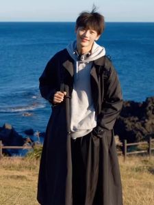 Black Korean Style Mens Windbreaker Coat Britsh Fashion Middle-Length Jacket Autumn Spring Season High Sensation Casual Wear