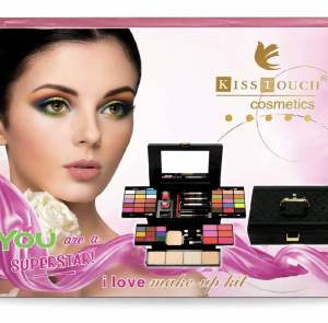Kiss Touch cosmetics makeup kit with eyeshadow palette brush set and compact case. Perfect for daily use and special occasions.