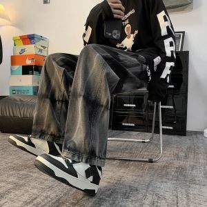 กางเกงยีนส์ทรงหลวมสไตล์ฮิปฮอปสำหรับผู้ชาย กางเกงขายาวทรงตรง ทรงหลวม สไตล์ย้อนยุค สตรีทแฟชั่น กางเกงขายาวลำลอง ยางยืด